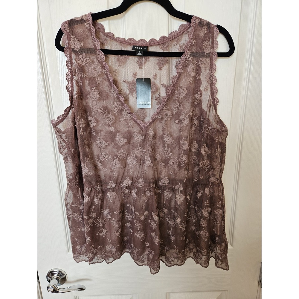 NWT Torrid Lace Sleeveless Pink Brown Floral V-Neck Sheer Embroidered Top LG